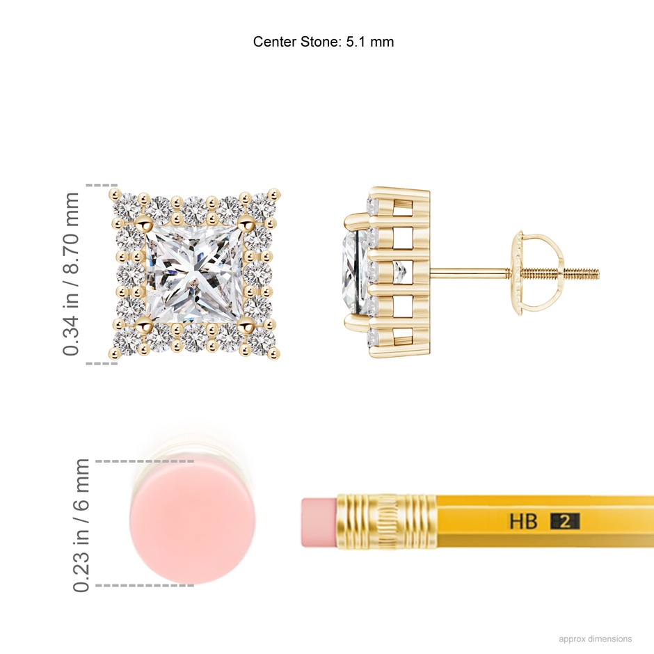 5.1mm IJI1I2 Princess-Cut Diamond Halo Stud Earrings in Yellow Gold ruler