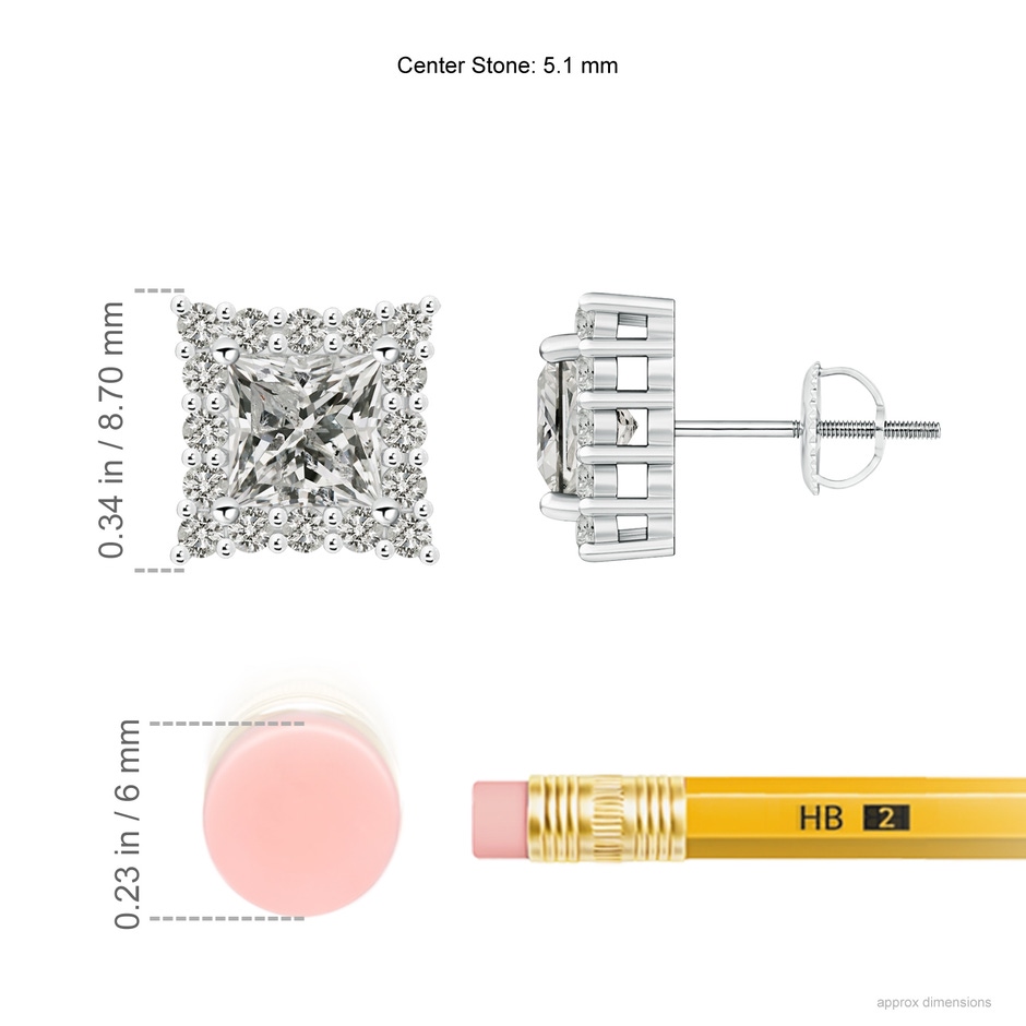 5.1mm KI3 Princess-Cut Diamond Halo Stud Earrings in 18K White Gold ruler
