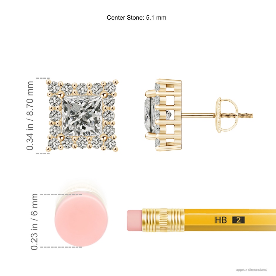 5.1mm KI3 Princess-Cut Diamond Halo Stud Earrings in Yellow Gold ruler