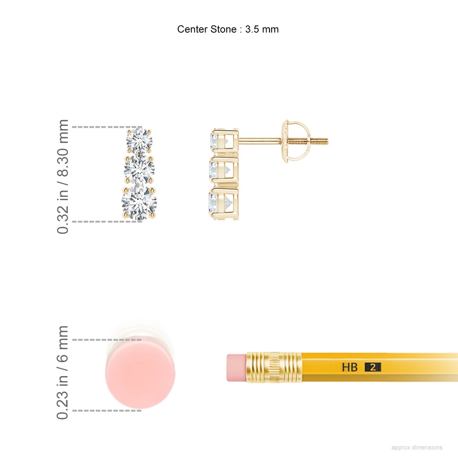 3.5mm GVS2 Graduated Diamond Three Stone Earrings in Yellow Gold ruler