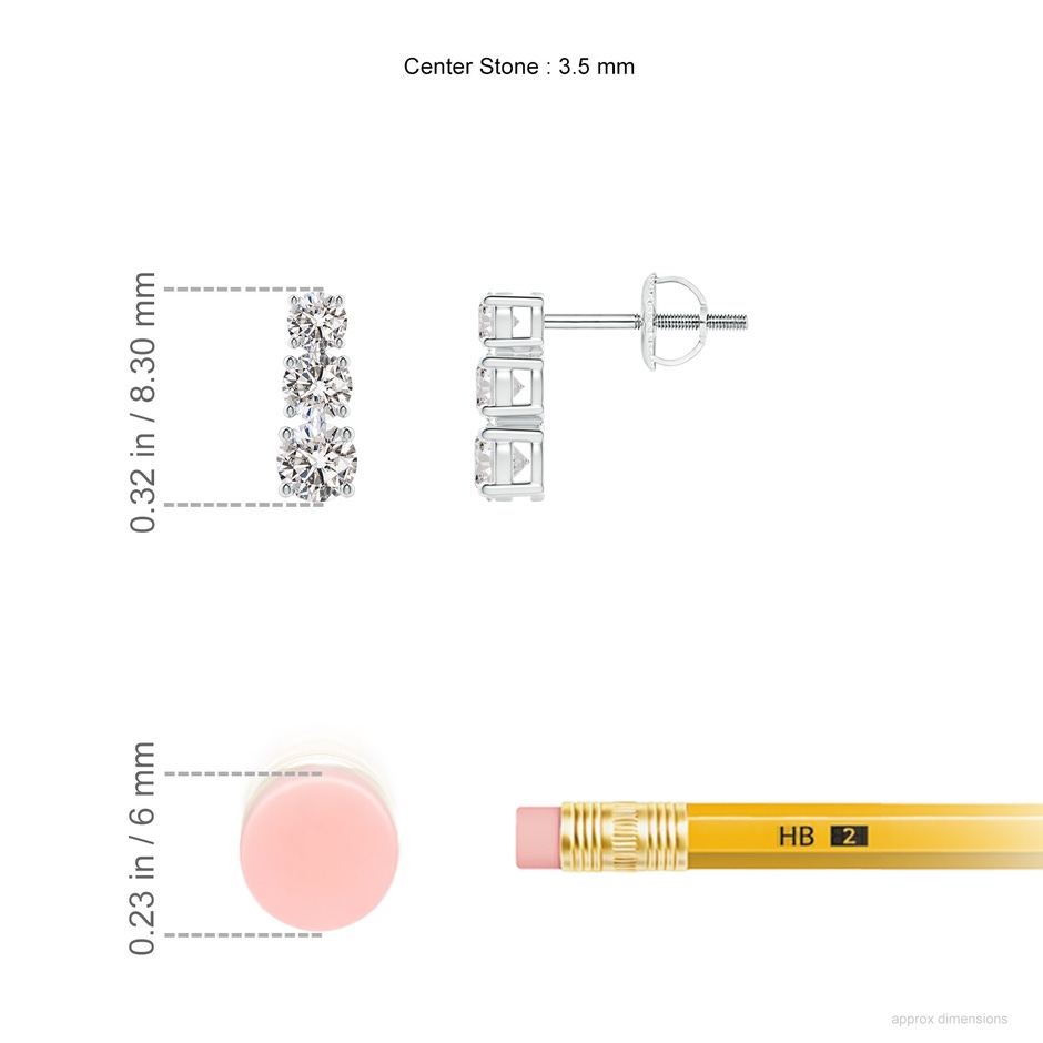 3.5mm IJI1I2 Graduated Diamond Three Stone Earrings in White Gold ruler
