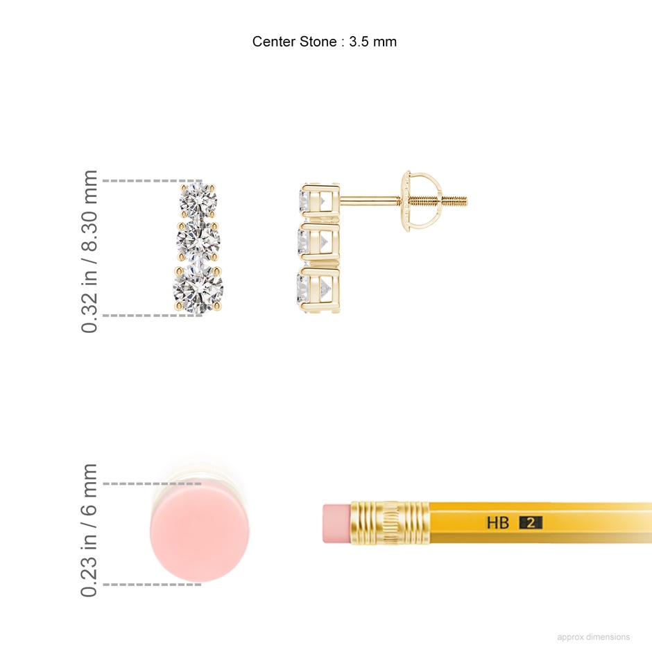 3.5mm IJI1I2 Graduated Diamond Three Stone Earrings in Yellow Gold ruler