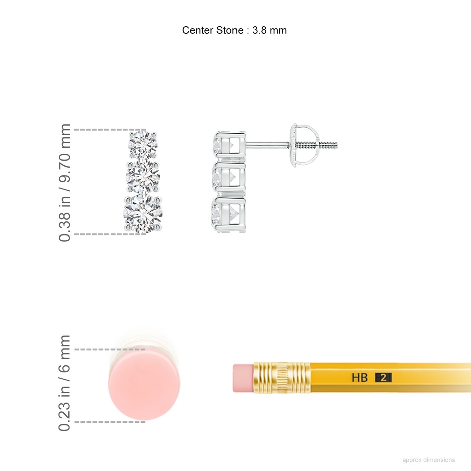 3.8mm HSI2 Graduated Diamond Three Stone Earrings in White Gold ruler