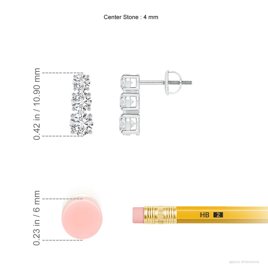 4mm HSI2 Graduated Diamond Three Stone Earrings in White Gold ruler