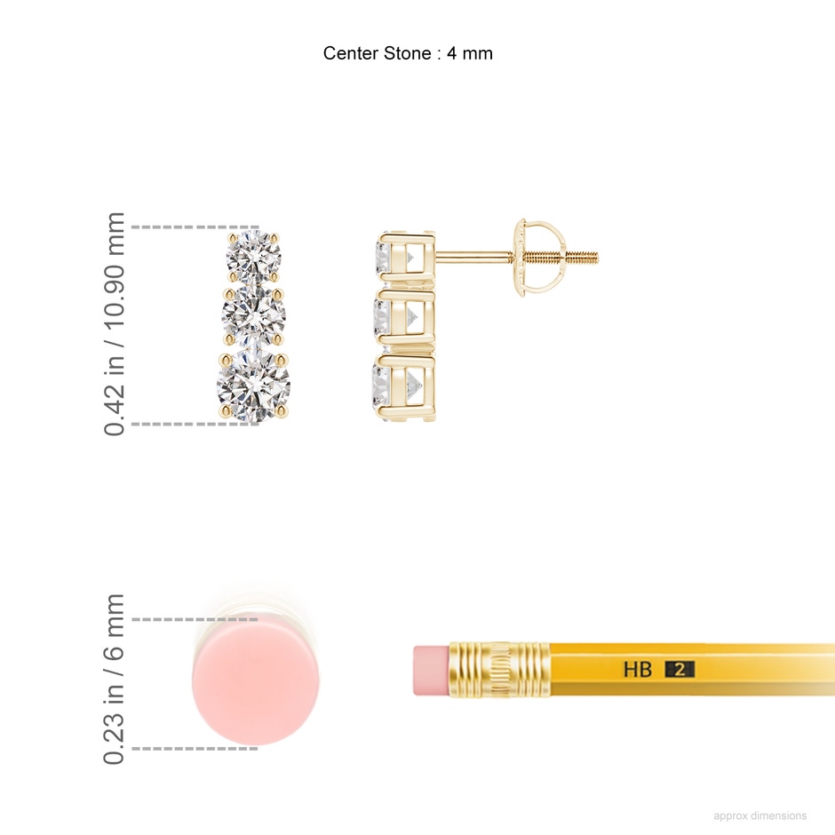 4mm IJI1I2 Graduated Diamond Three Stone Earrings in Yellow Gold ruler