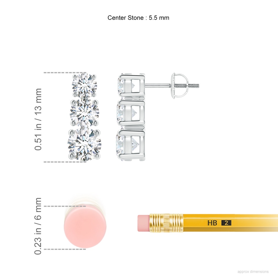5.5mm GVS2 Graduated Diamond Three Stone Earrings in P950 Platinum ruler