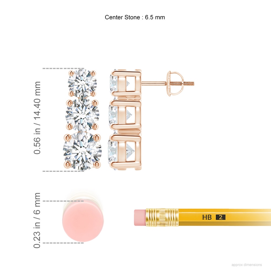 6.5mm GVS2 Graduated Diamond Three Stone Earrings in Rose Gold ruler