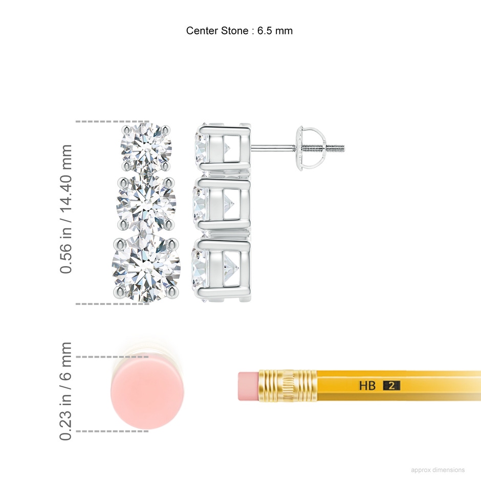 6.5mm GVS2 Graduated Diamond Three Stone Earrings in White Gold ruler