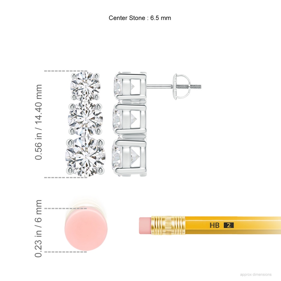 6.5mm HSI2 Graduated Diamond Three Stone Earrings in P950 Platinum ruler