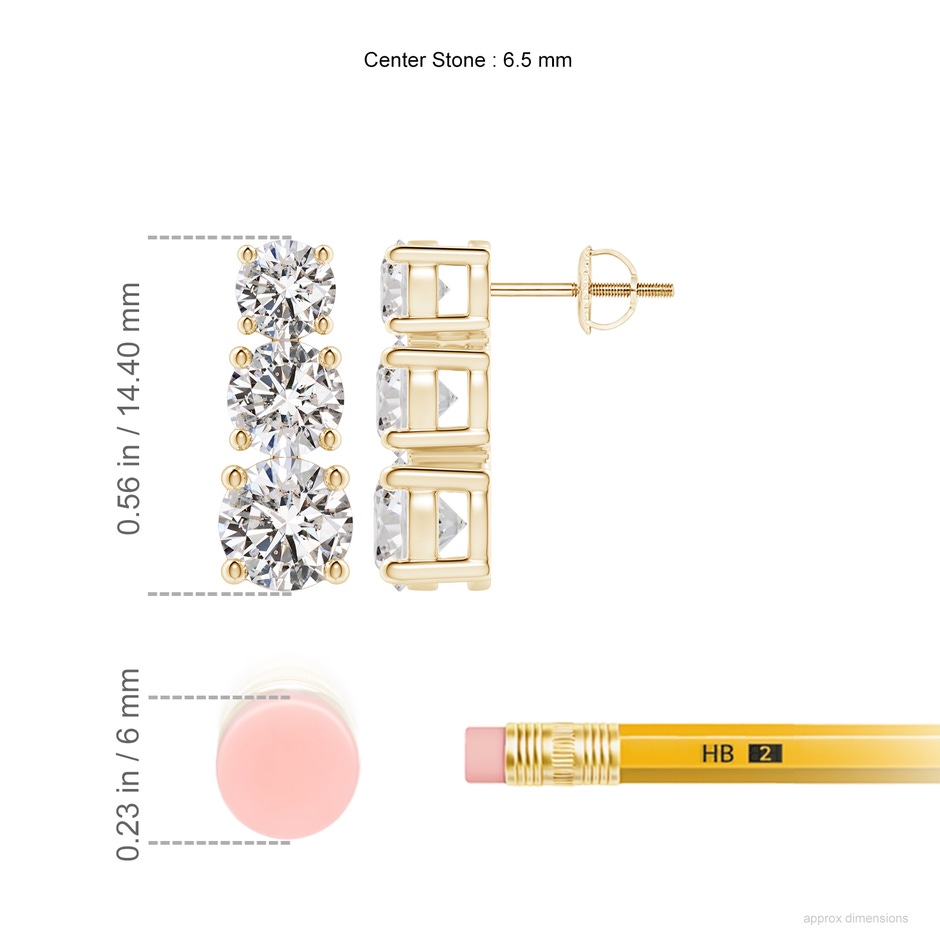 6.5mm IJI1I2 Graduated Diamond Three Stone Earrings in Yellow Gold ruler