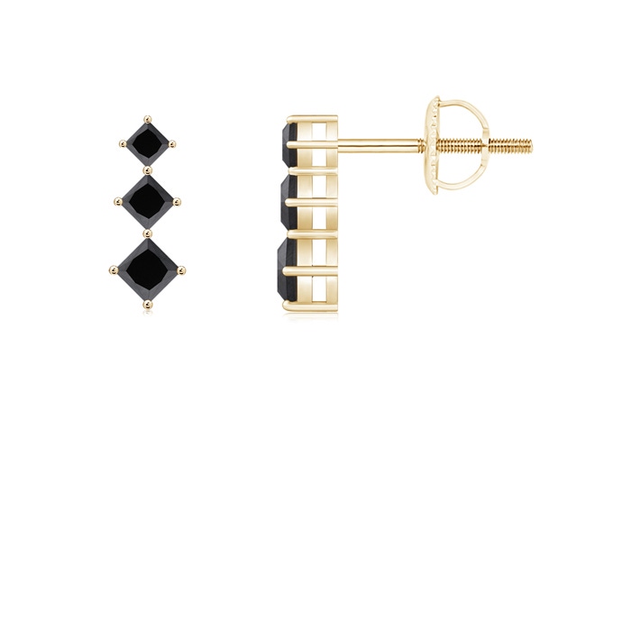 2.9mm AA Princess-Cut Black Diamond Three Stone Earrings in Yellow Gold