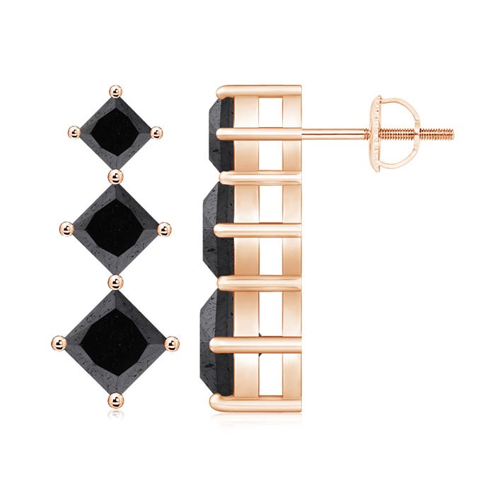 5mm A Princess-Cut Black Diamond Three Stone Earrings in Rose Gold
