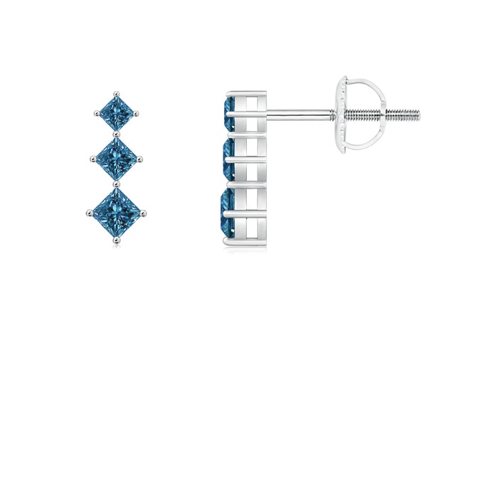 2.9mm AAA Princess-Cut Blue Diamond Three Stone Earrings in P950 Platinum 