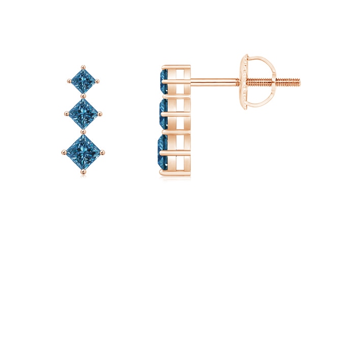 2.9mm AAA Princess-Cut Blue Diamond Three Stone Earrings in Rose Gold