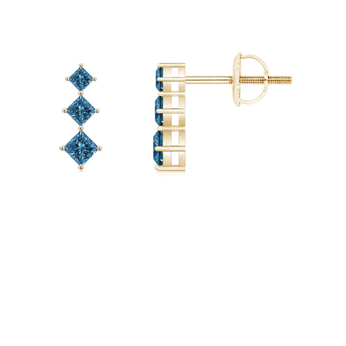 2.9mm AAA Princess-Cut Blue Diamond Three Stone Earrings in Yellow Gold