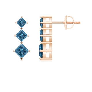 3.5mm AAA Princess-Cut Blue Diamond Three Stone Earrings in Rose Gold