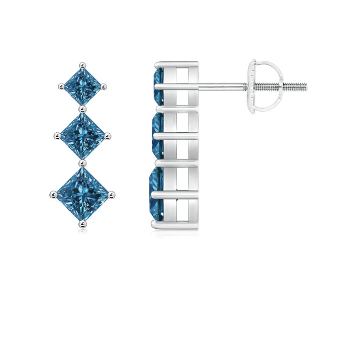 3.5mm AAA Princess-Cut Blue Diamond Three Stone Earrings in White Gold