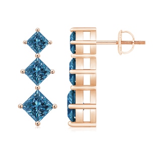 4.2mm AAA Princess-Cut Blue Diamond Three Stone Earrings in Rose Gold