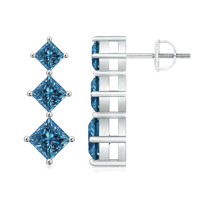 4.2mm AAA Princess-Cut Blue Diamond Three Stone Earrings in White Gold