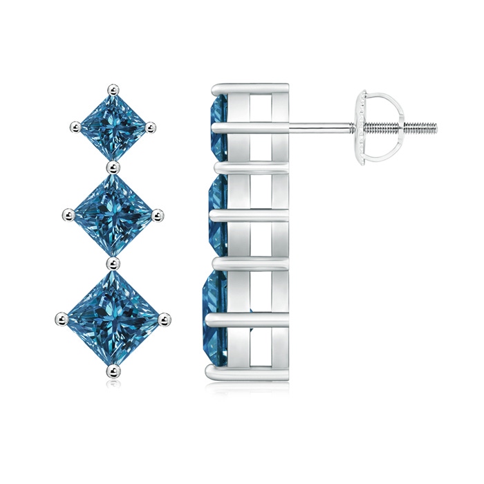 4.2mm AAA Princess-Cut Blue Diamond Three Stone Earrings in White Gold 