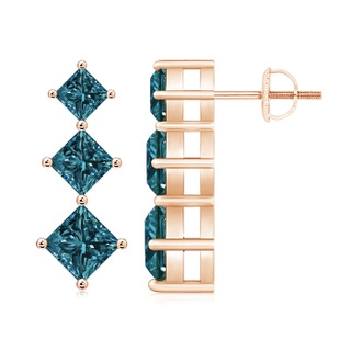 5mm AA Princess-Cut Blue Diamond Three Stone Earrings in 9K Rose Gold