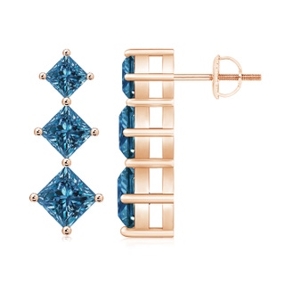 5mm AAA Princess-Cut Blue Diamond Three Stone Earrings in 9K Rose Gold