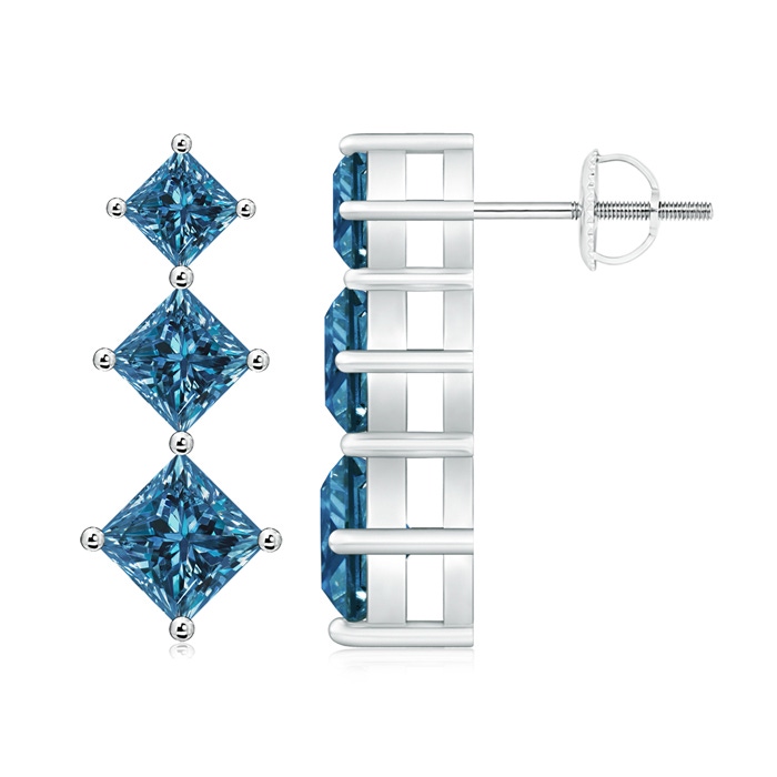 5mm AAA Princess-Cut Blue Diamond Three Stone Earrings in P950 Platinum 