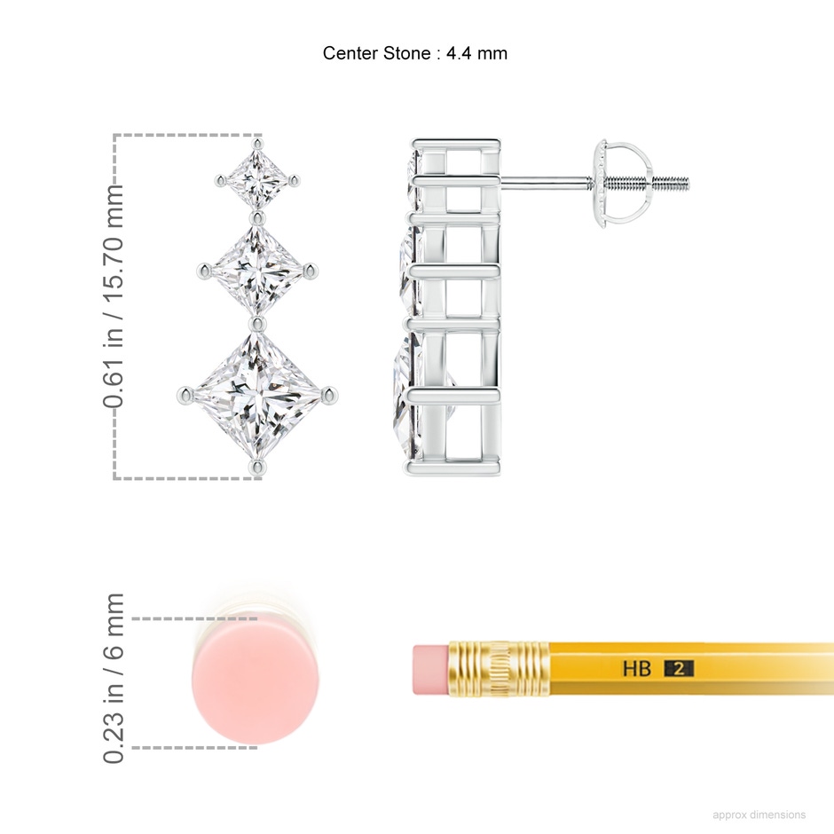 4.4mm HSI2 Princess-Cut Diamond Three Stone Earrings in White Gold ruler