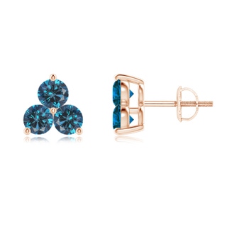 2.8mm AAA Round Blue Diamond Three Stone Stud Earrings in Rose Gold