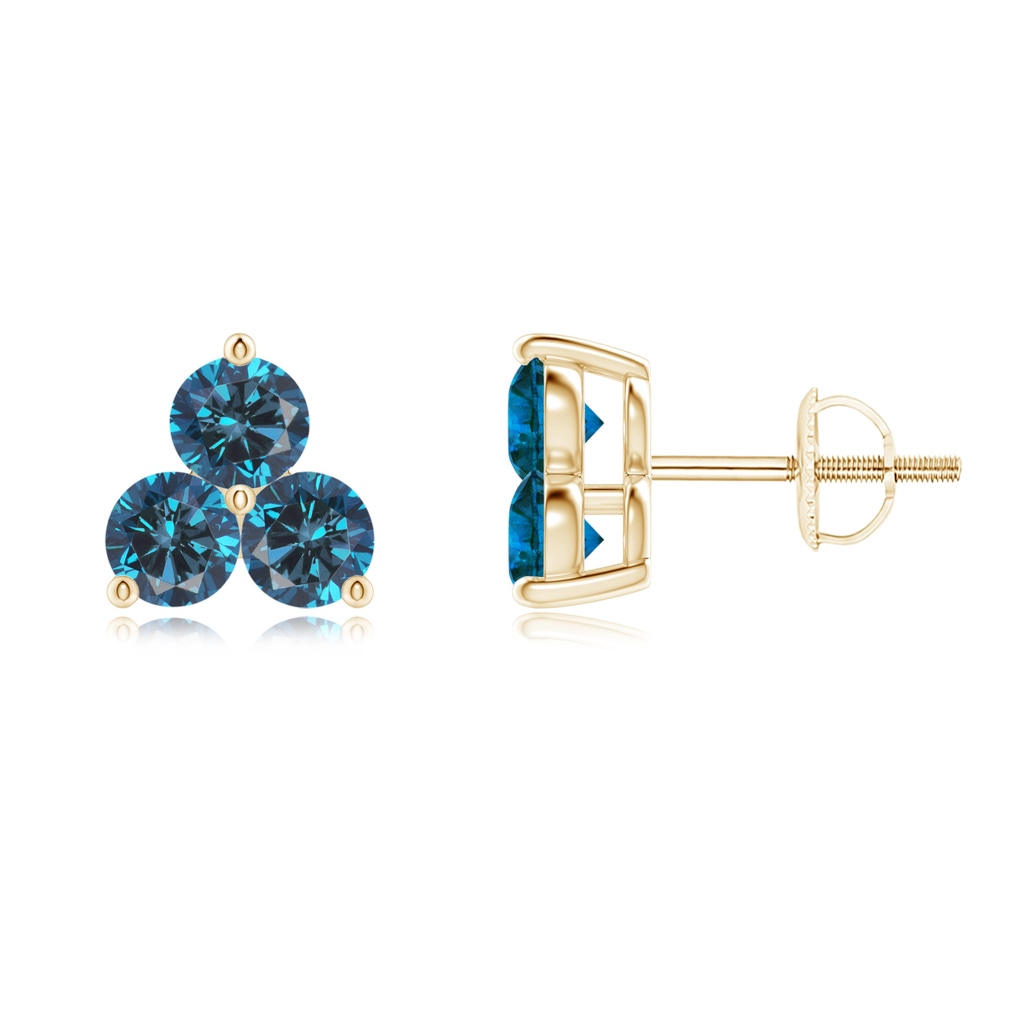 2.8mm AAA Round Blue Diamond Three Stone Stud Earrings in Yellow Gold