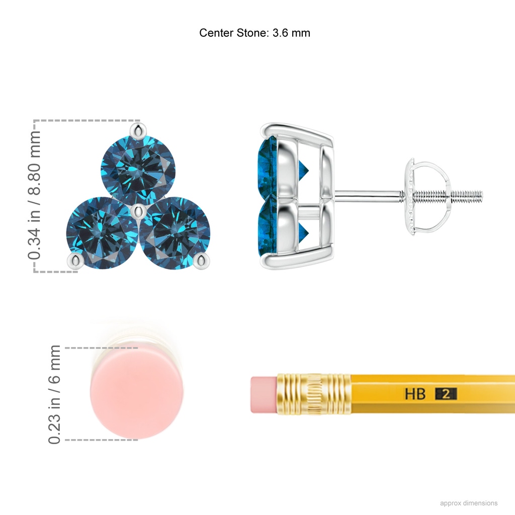 3.6mm AAA Round Blue Diamond Three Stone Stud Earrings in P950 Platinum Ruler