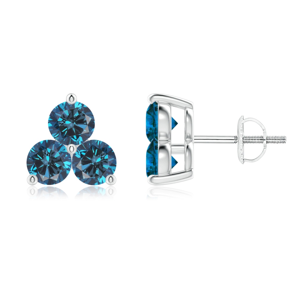 3.6mm AAA Round Blue Diamond Three Stone Stud Earrings in White Gold