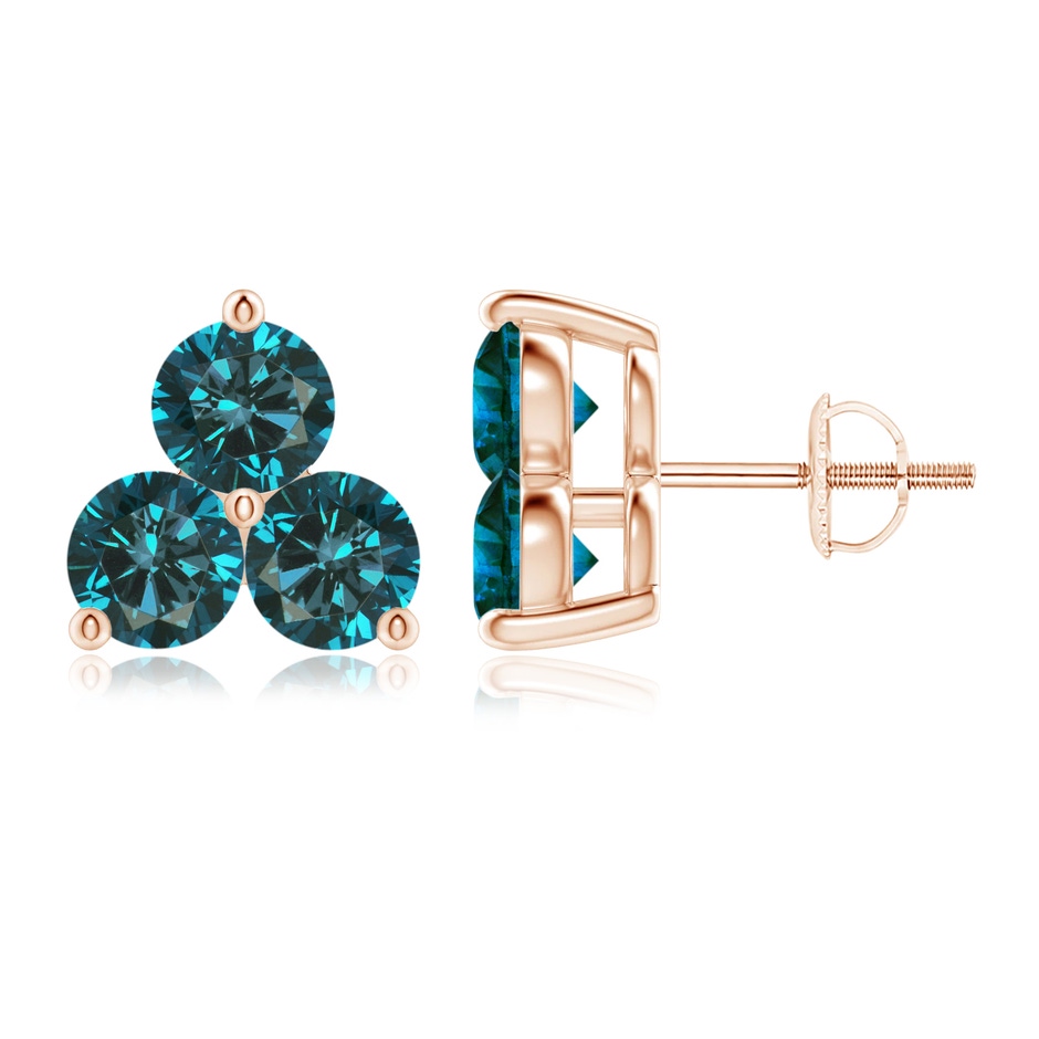 5.2mm AA Round Blue Diamond Three Stone Stud Earrings in Rose Gold 