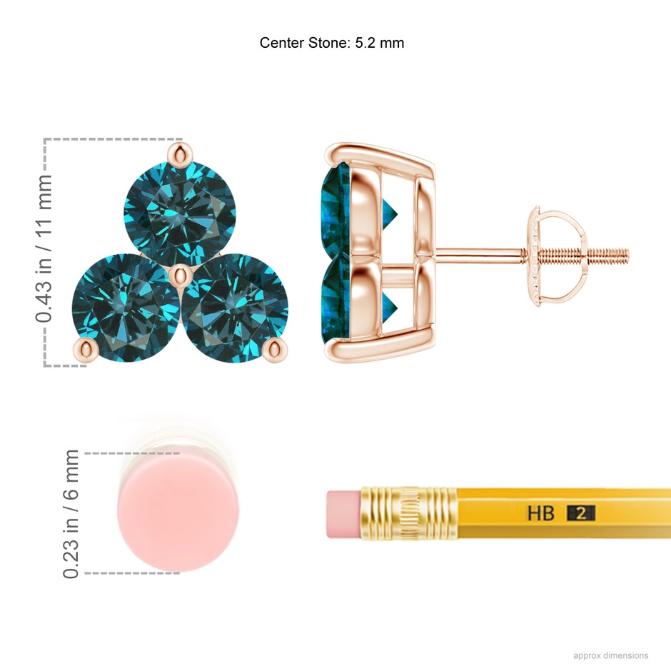5.2mm AA Round Blue Diamond Three Stone Stud Earrings in Rose Gold ruler