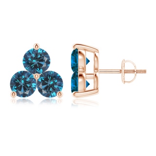 5.2mm AAA Round Blue Diamond Three Stone Stud Earrings in Rose Gold