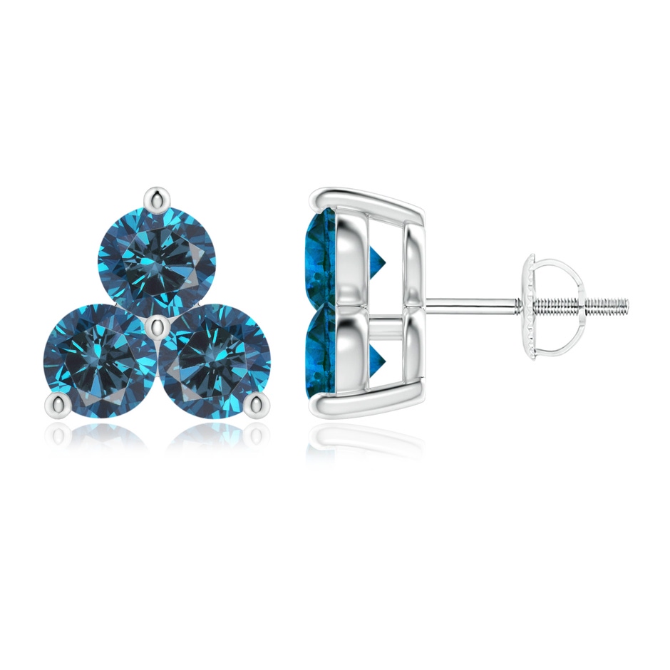 5.2mm AAA Round Blue Diamond Three Stone Stud Earrings in White Gold 