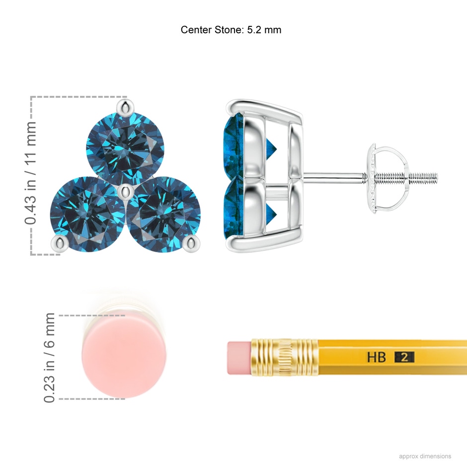 5.2mm AAA Round Blue Diamond Three Stone Stud Earrings in White Gold ruler