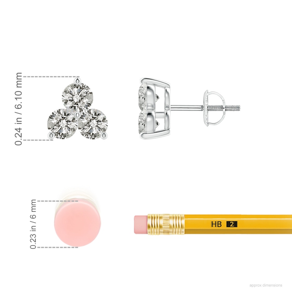 2.8mm KI3 Round Diamond Three Stone Stud Earrings in White Gold ruler