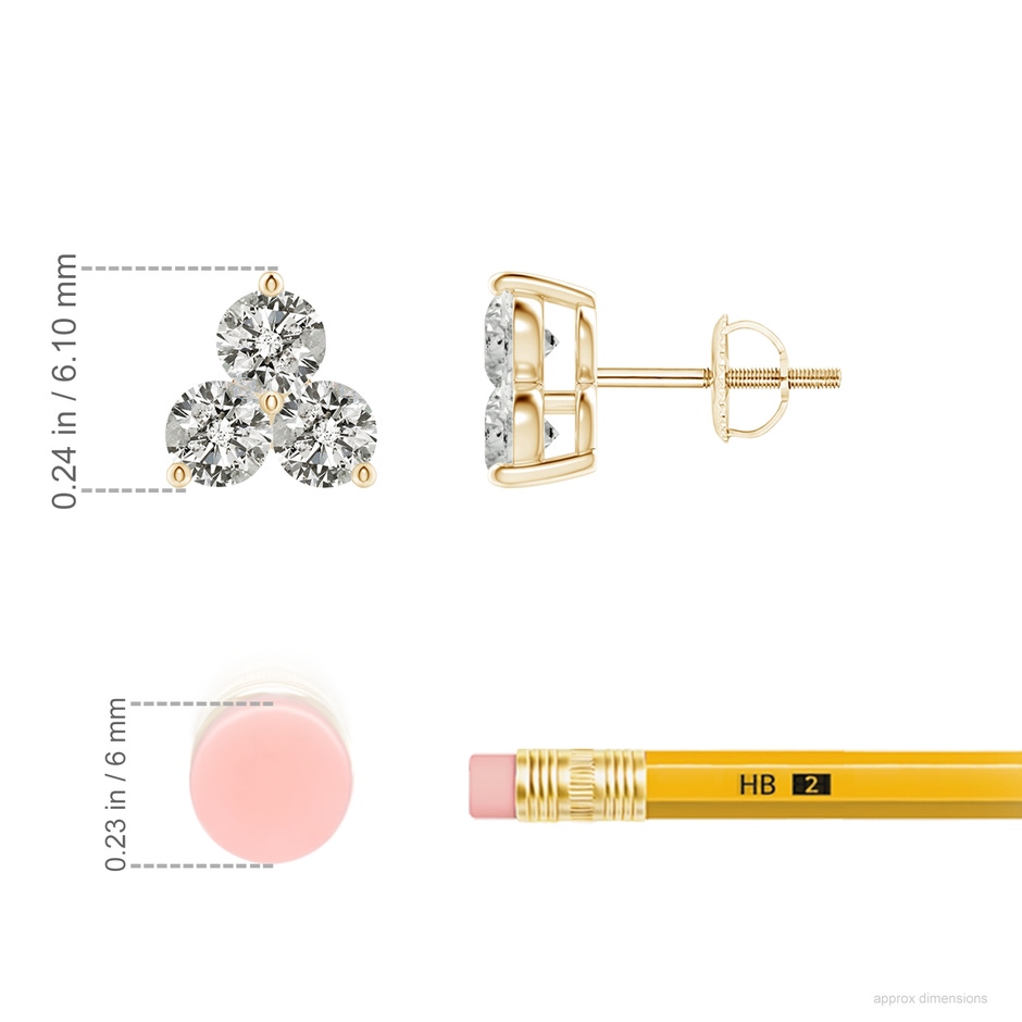 2.8mm KI3 Round Diamond Three Stone Stud Earrings in Yellow Gold ruler