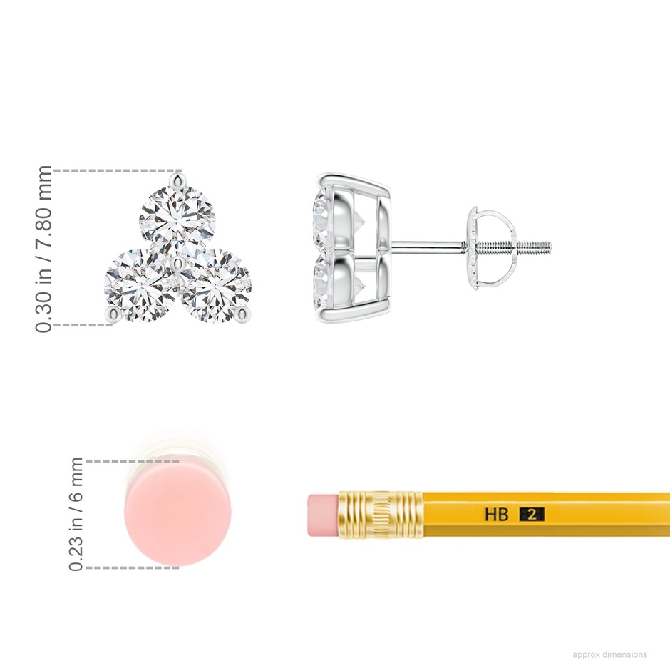 3.2mm HSI2 Round Diamond Three Stone Stud Earrings in White Gold ruler