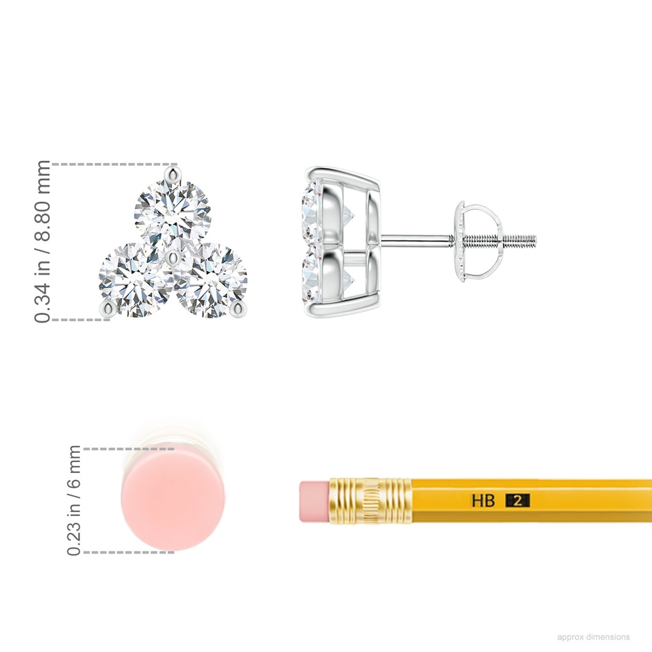 3.6mm GVS2 Round Diamond Three Stone Stud Earrings in P950 Platinum ruler