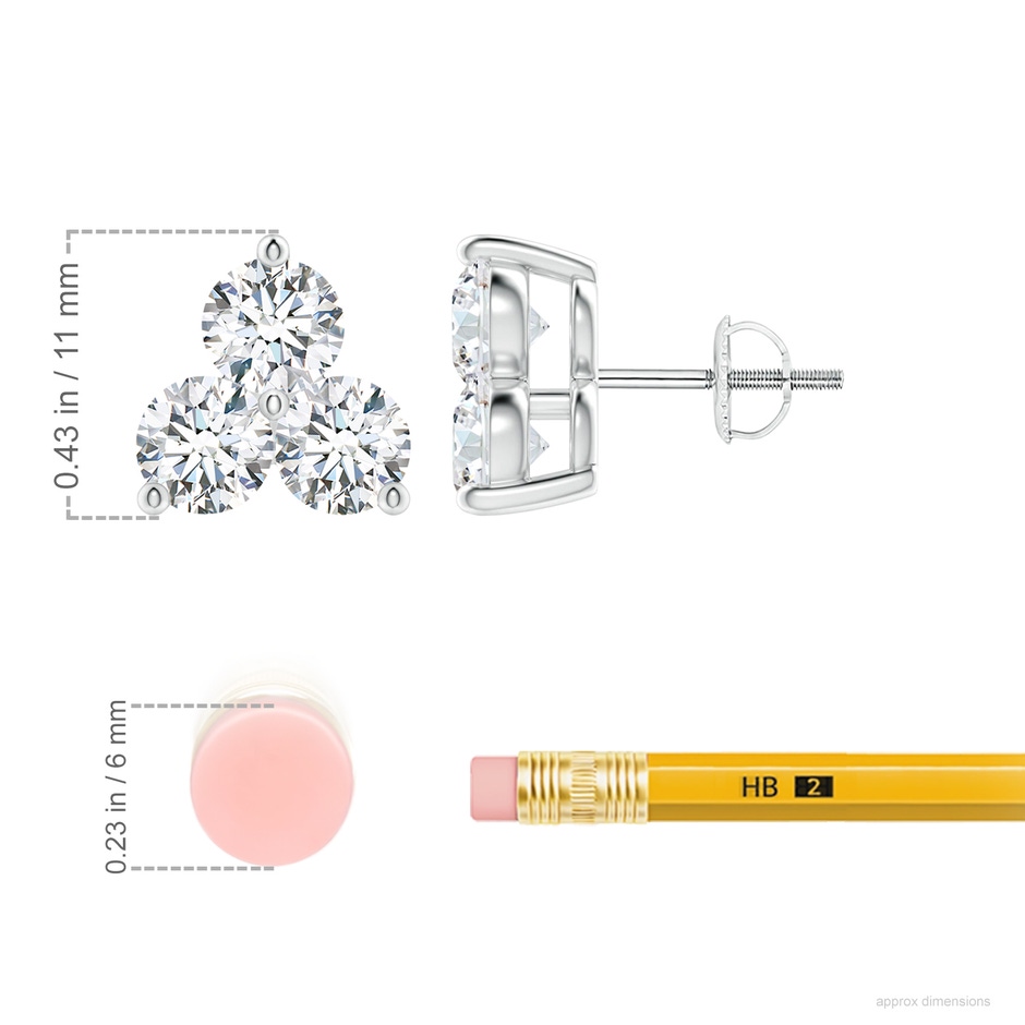 5.2mm GVS2 Round Diamond Three Stone Stud Earrings in White Gold ruler