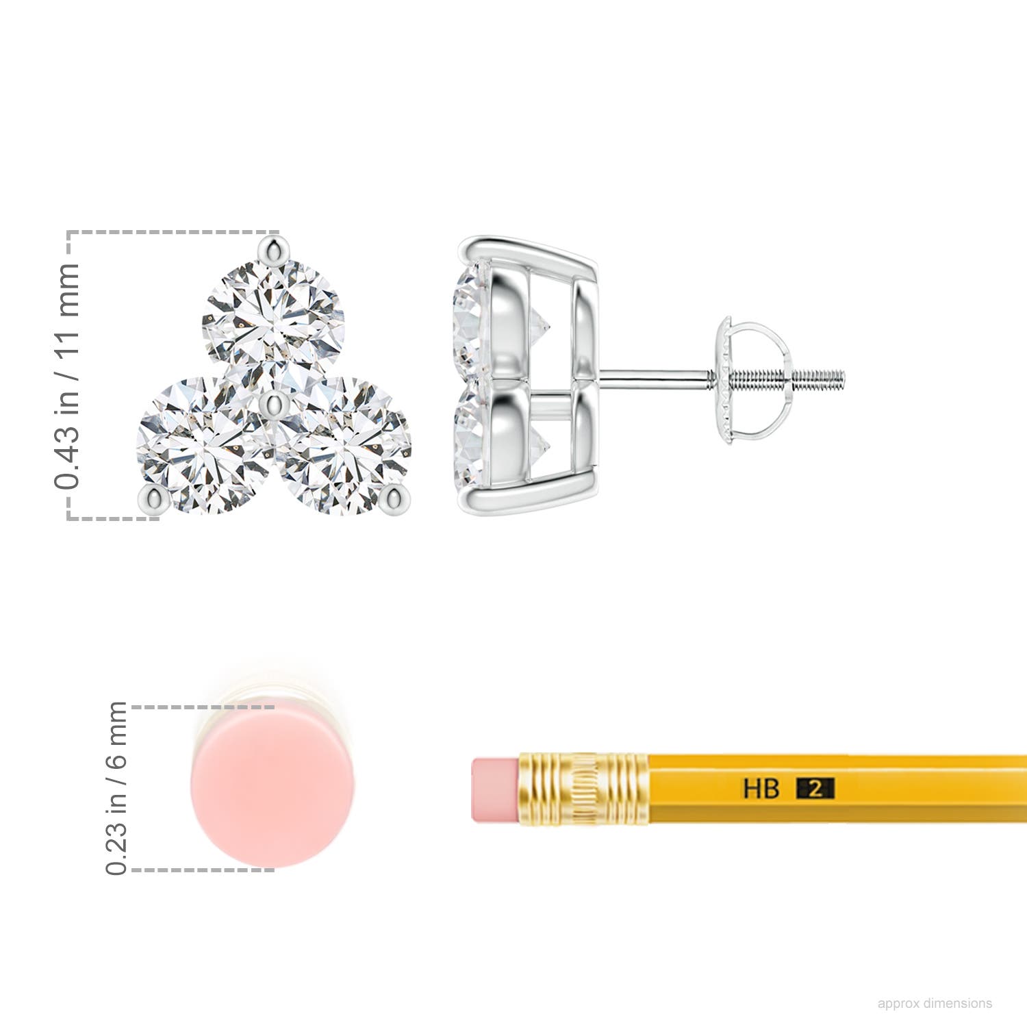 5.2mm HSI2 Round Diamond Three Stone Stud Earrings in 18CT White Gold - ruler