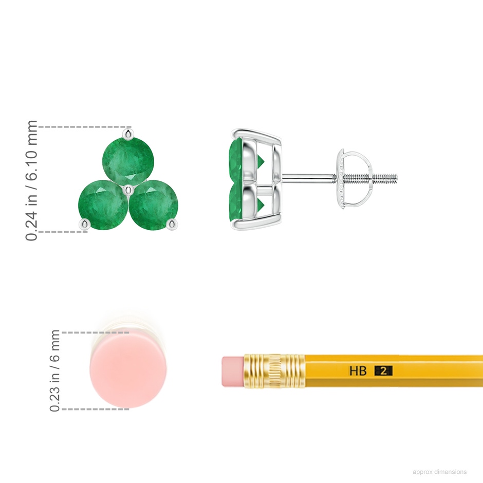 2.5mm A Round Emerald Three Stone Stud Earrings in P950 Platinum ruler