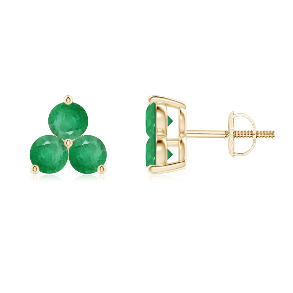 2.5mm A Round Emerald Three Stone Stud Earrings in Yellow Gold 