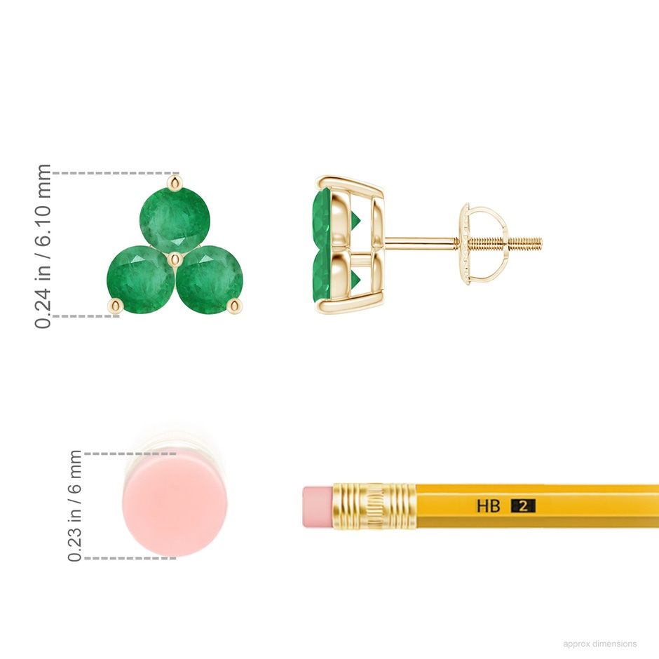 2.5mm A Round Emerald Three Stone Stud Earrings in Yellow Gold ruler