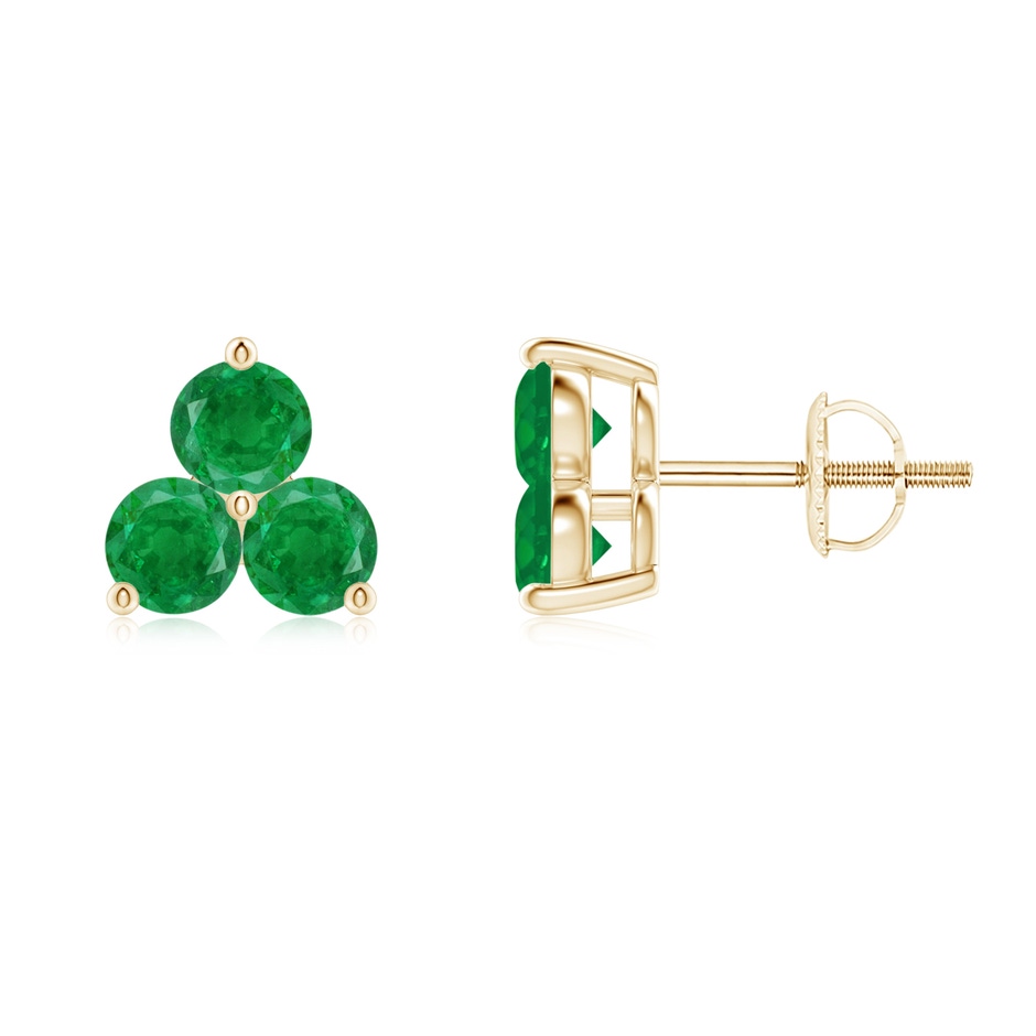 2.5mm AA Round Emerald Three Stone Stud Earrings in 18K Yellow Gold 