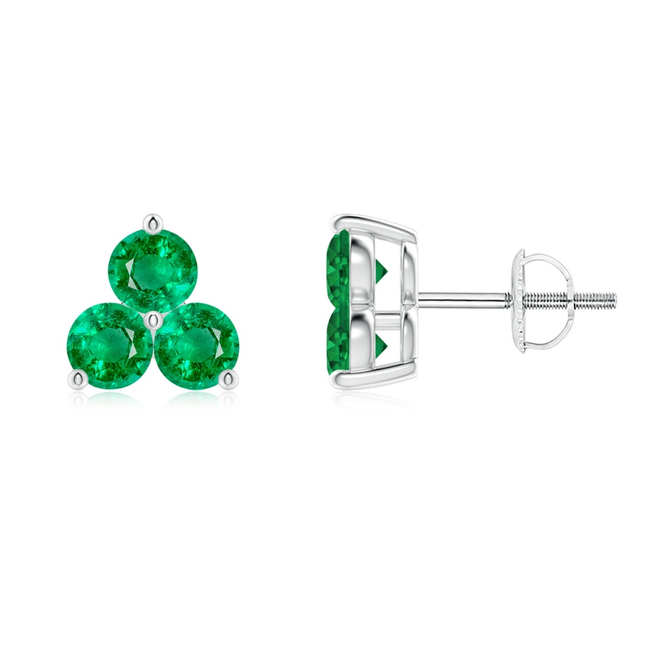 2.5mm AAA Round Emerald Three Stone Stud Earrings in White Gold 