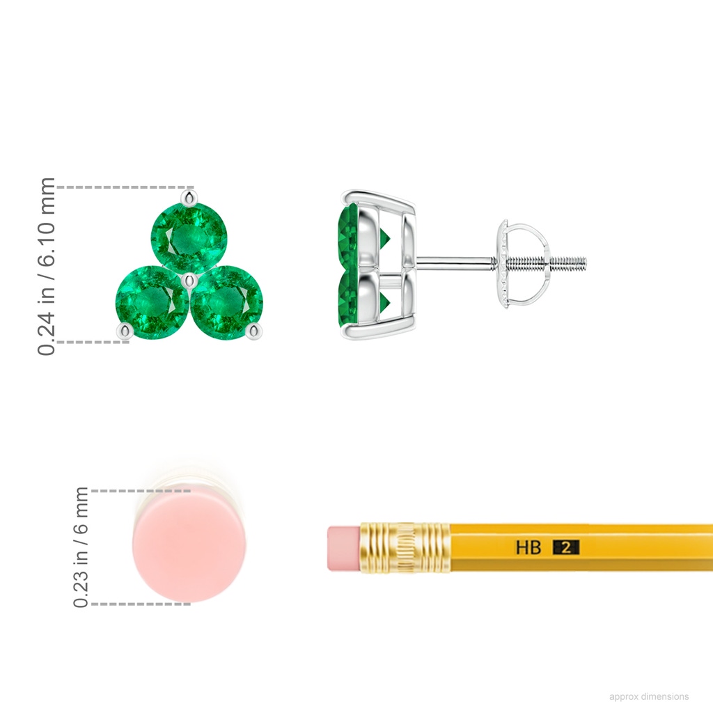 2.5mm AAA Round Emerald Three Stone Stud Earrings in White Gold ruler