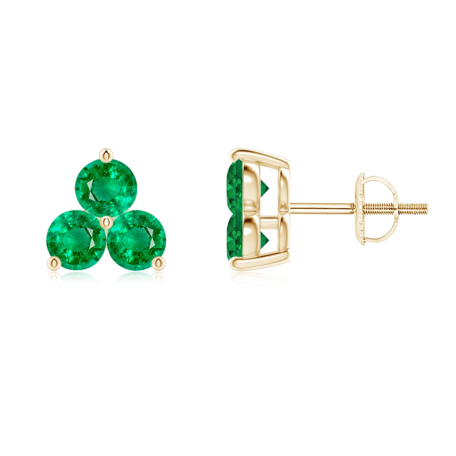 2.5mm AAA Round Emerald Three Stone Stud Earrings in Yellow Gold 